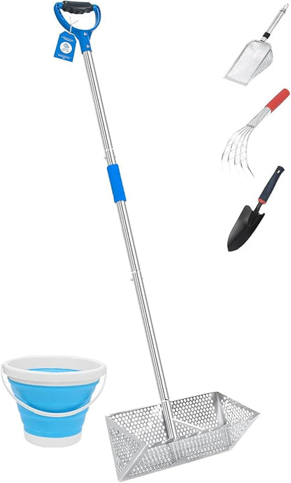Beach Sand Sifter, 304 Stainless Steel, Detachable 60 Inches Long Handle, 16'' Basket with Sharp Teeth. Includes D-Handle Grip, Small Shovels, Sifter and Bucket