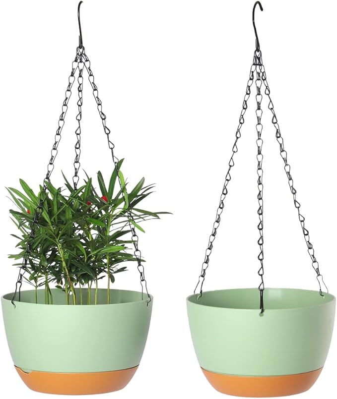 Lookat 2 Pack Plastic Hanging Planters 10 Inch Hanging Pots with Drainage Hole for Indoor Outdoor Plants, Round Hanging Basket with Removable Tray for Home Garden Porch Balcony Patio Decor