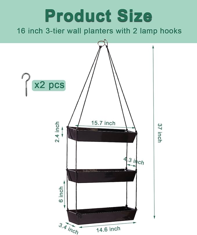 vensovo 16" Metal Wall Planter – 3-Tier Black Galvanized Hanging Shelf for Indoor Outdoor Plants, Vertical Garden Wall Mount for Balcony, Kitchen, or Entryway Decor
