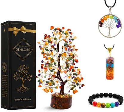 Mix Chakra Crystal Tree with Golden Wire – 7 Chakra Gemstone Bonsai for Energy Healing, Decor & Meditation