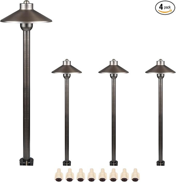 DOSHINE® Solid Brass Low Voltage Landscape Lighting Pathway Lights (7" Shade, 22" Tall) with Replaceable 3W G4 LED Bulb 3000K AC/DC 12V and Ground Stake for Outdoor Walkway Driveway (HAT, 4-Pack)
