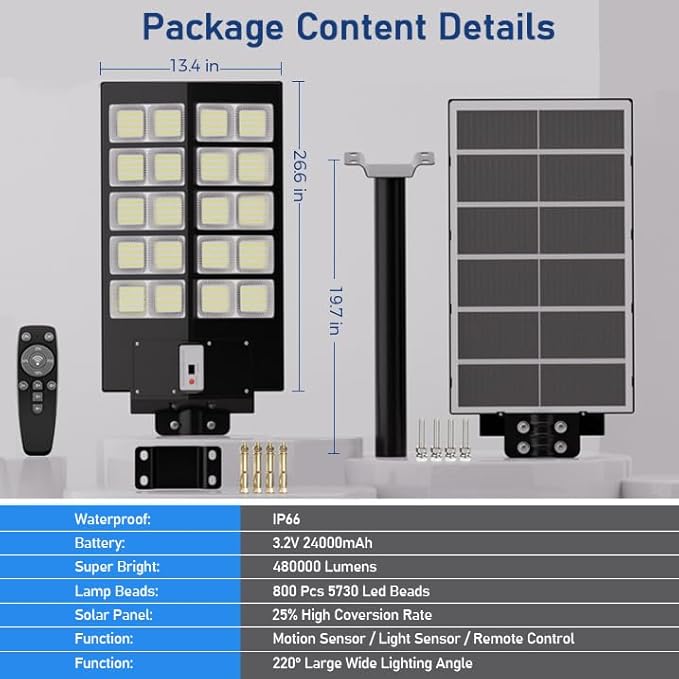 Solar Street Lights Outdoor, 480000LM 6500K Solar Lights Outdoor Waterproof Dusk to Dawn, Security Flood Light with Motion Sensor and Remote for Yard, Garage, Driveway