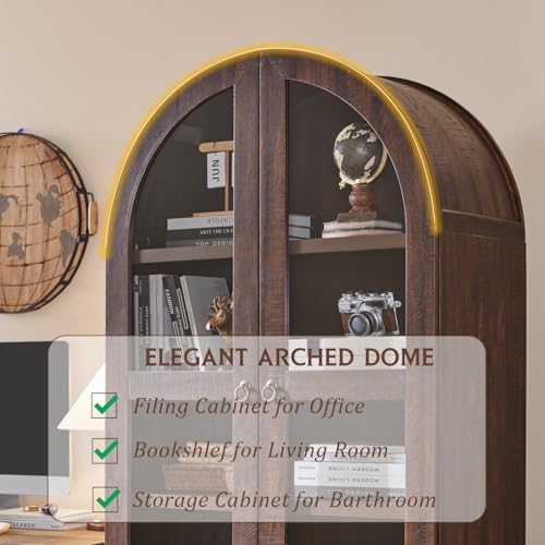 71" Tall Arched Bookshelf, 4-Tier Bookcase with Glass Doors and Shelves, Wooden Display Cabinet w/2 Large Storage Drawers, Modern Farmhouse Versatile Bookshelf for Living Room, Bedroom, Brown