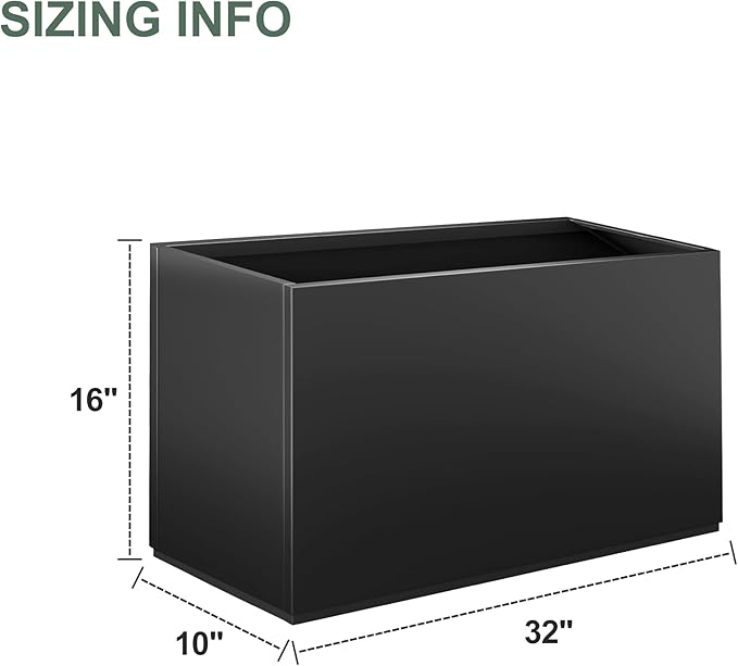 Metal Tall Planter Box for Outdoor Plants, Flowers, Rectangular Black Planters for Front Porch, Garden, with Drainage Holes, All Weather Use, 32" L x 10" W x 16" H