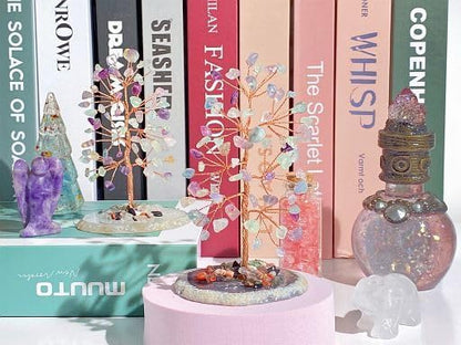 YATOJUZI Rainbow Fluorite Crystal Trees Natural Crystals Stones Gemstones Tree Copper Wire Agate Base Tree of Life Feng Shui Decor Reiki Energy Lucky for Room Desk Home Decors Gifts for Women Men