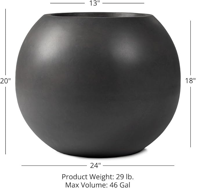 Ash & Ember 24" Round Sphere Charcoal Planter, 46 Gallon Lightweight Fiberstone Composite with Weather-Resistant Finish, Modern Planter Pot for Indoor and Outdoor Plants