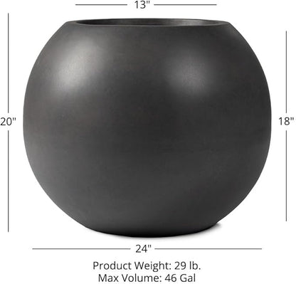 Ash & Ember 24" Round Sphere Charcoal Planter, 46 Gallon Lightweight Fiberstone Composite with Weather-Resistant Finish, Modern Planter Pot for Indoor and Outdoor Plants