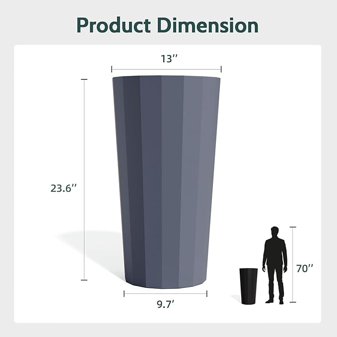 2PCS Tall Planters for Outdoor Plants, 23.6 Inches Large Outdoor Conical Flower Pots for Porch with Drainage Holes and Drainage Baffle, Tapered Large Planters for Garden, Balcony Use, Grey
