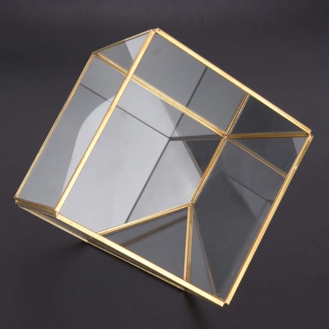 Gold Geometric Shape Succulents Plant Flowerpot, Glass Planter with Copper Frame, Modern Home Table Decoration for Succulents Ferns Cacti, Transparent Glass Planter for Office