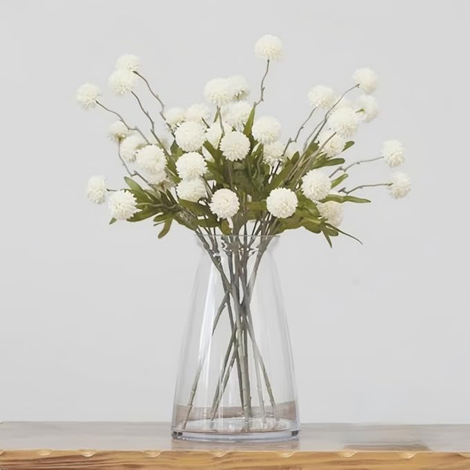 10PCS Artificial Chrysanthemum Ball Flowers Fake Mums with Long Stems Pom Pom Faux Mini Mum Flower Arrangements for Home Party Wedding Decoration (White)