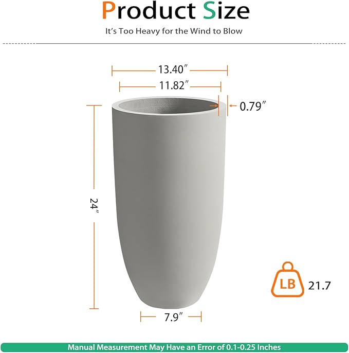Tall Planters for Outdoor Plants, Large Concrete Flower Pots for Garden Front Porch, Patio, Indoor (Gray, 24 inch)
