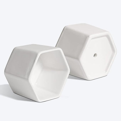 T4U Small White Succulent Planter Pots with Bamboo Tray Hexagon Set of 6, Geometric Ceramic Cactus Plant Holder, Gifts for Plant Lover Gardener Women, Home Office Table Desk Decoration