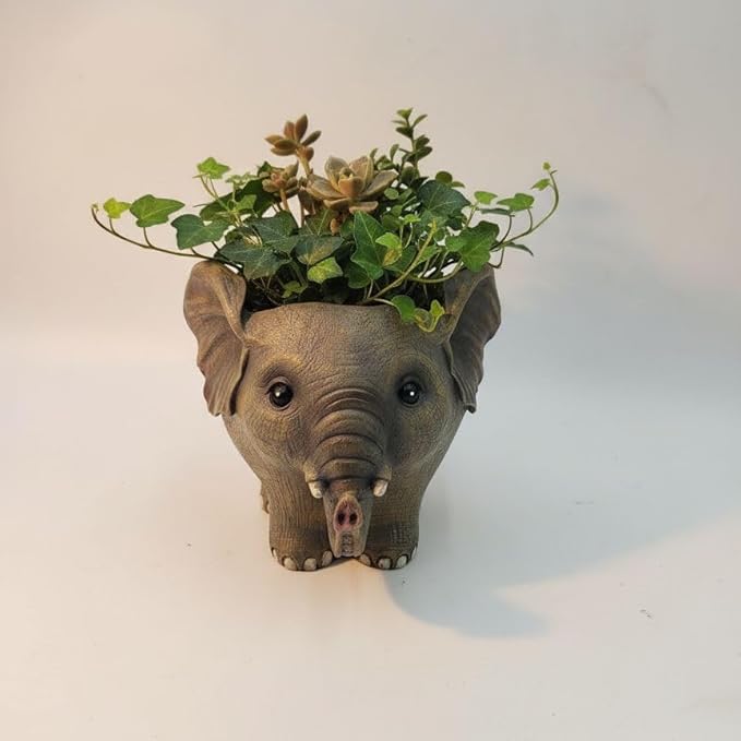 Elephant Planter Pot for Succulents, 6.7inch Resin Flower Pot with Drain Hole, Cute Animal Decor, Unique Gift for Christmas, Birthday, Mom, Housewarming (Brown)