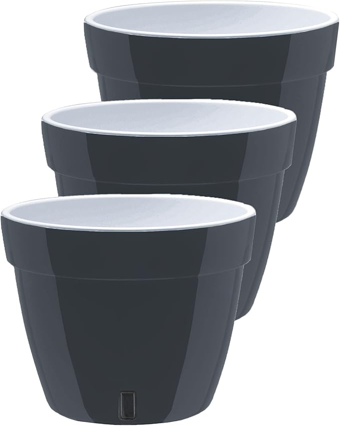 DECOPOTS - 3 Pack - Self Watering Planter - Modern Flower Pot with Water Level Indicator - 6.3" Tall - for All House Plants, Flowers, Herbs (Diameter 7.9", Graphite - White)