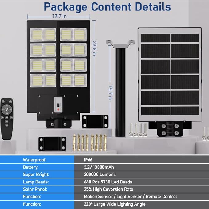 Solar Street Lights Outdoor, 6500K Solar Lights Outdoor Waterproof Dusk to Dawn, Security Flood Light with Motion Sensor and Remote for Yard, Garage, Driveway (3000W-(1 Pack))