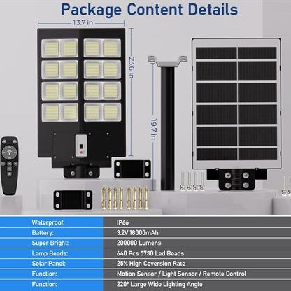 Solar Street Lights Outdoor, 6500K Solar Lights Outdoor Waterproof Dusk to Dawn, Security Flood Light with Motion Sensor and Remote for Yard, Garage, Driveway (3000W-(1 Pack))