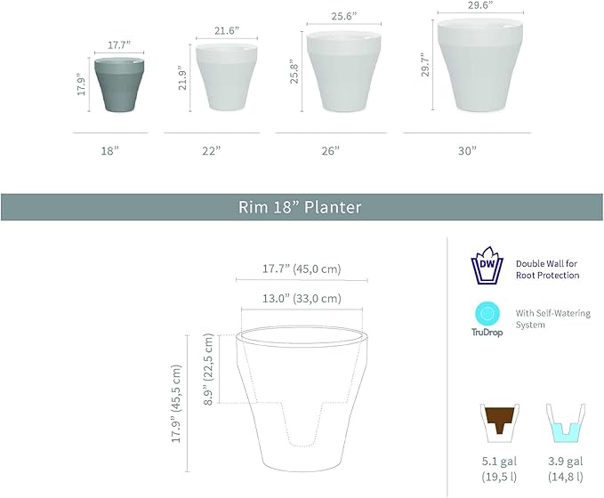 Crescent Garden Rim TruDrop Planter, Self-Watering Plant Pot, 18-Inch (Bark)