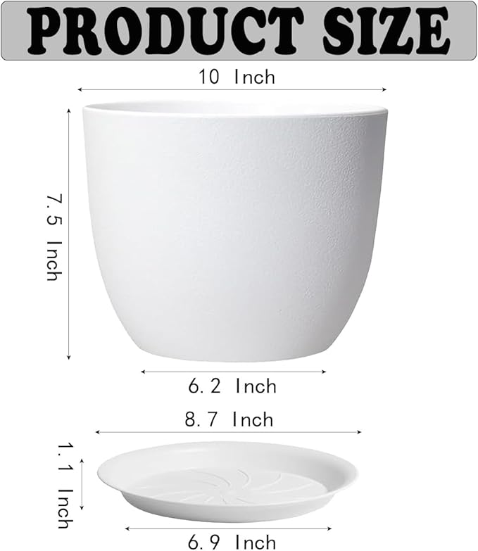 Plant Planters Pots 3 Pack 10 Inch Plant Pots, Plastic Plant Pots with Drainage Hole and Saucers Large Indoor Flower Pot for Indoor Plants,White
