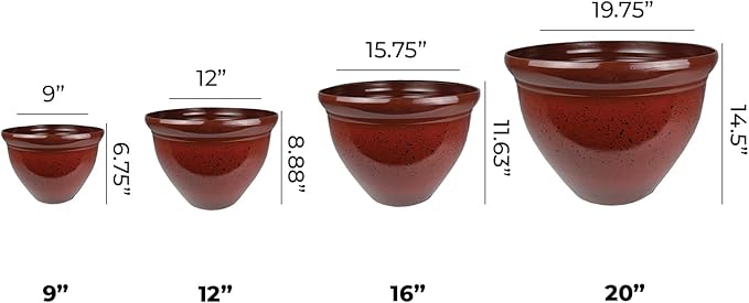 The HC Companies 12 Inch Pizzazz Round Planter Pots with Ceramic Look, Lightweight UV-Resistant Plastic Outdoor Planters, 2-Pack Flower Pots for Garden & Home Decor, Warm Red