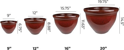 The HC Companies 12 Inch Pizzazz Round Planter Pots with Ceramic Look, Lightweight UV-Resistant Plastic Outdoor Planters, 2-Pack Flower Pots for Garden & Home Decor, Warm Red