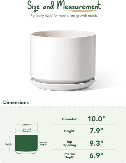 LE TAUCI Ceramic Pots for Plants, 10 Inch Plant Pot with Drainage Hole & Saucer, Sturdy & Modern Planters for Indoor Plants, Includes Mesh Screen, Fits Snake Plant & Monstera, White