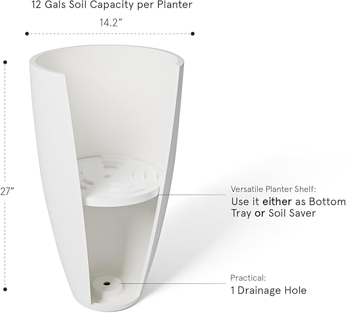 LA JOLIE MUSE 27 Inch Tall White Planters,Set of 2 Tall Round Planters for Indoor Plants with Trays,Modern Tree Planters for Front Door and Patio Deck