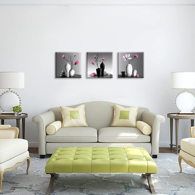 TEKMENT Flower Wall Art for Bathroom Hallway, SZ Elegant Orchid Still Life Canvas Painting Prints, Magnolia in Black and White Vases Picture (Ready to Hang, Waterproof Décor, 20x20 x3p Large)