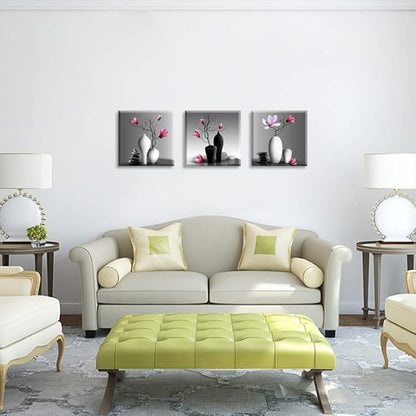 TEKMENT Flower Wall Art for Bathroom Hallway, SZ Elegant Orchid Still Life Canvas Painting Prints, Magnolia in Black and White Vases Picture (Ready to Hang, Waterproof Décor, 20x20 x3p Large)