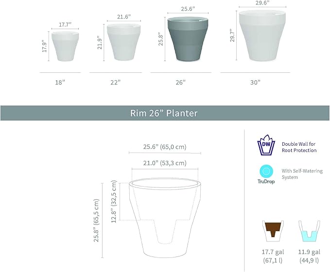 Crescent Garden Rim TruDrop Planter, Self-Watering Plant Pot, 26-Inch (Currant)