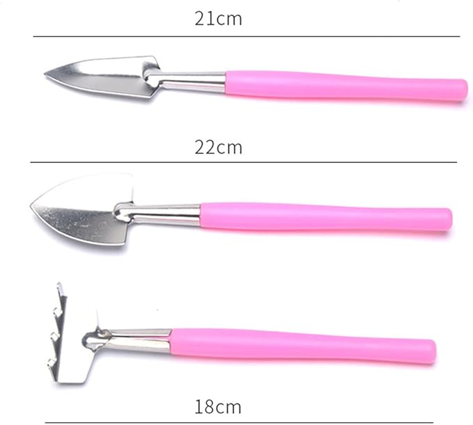 Mini Garden Tool Set 3pcs Iron Shovel Rake Hand Tools for Potted Plants Pink Gardening Weeding Transplanting Kit
