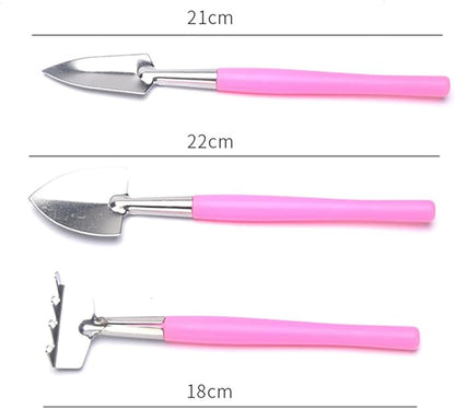 Mini Garden Tool Set 3pcs Iron Shovel Rake Hand Tools for Potted Plants Pink Gardening Weeding Transplanting Kit