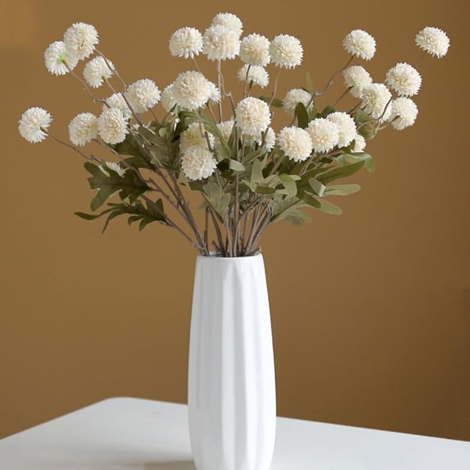 10PCS Artificial Chrysanthemum Ball Flowers Fake Mums with Long Stems Pom Pom Faux Mini Mum Flower Arrangements for Home Party Wedding Decoration (White)
