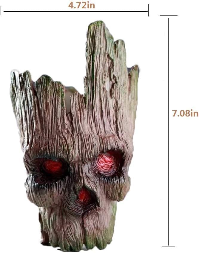 Mikayoo Stump Skull Flower Pot - Treeman Pen Holder & Creative Green Plant Pot - 7" High, 4.7" Wide (Brown)