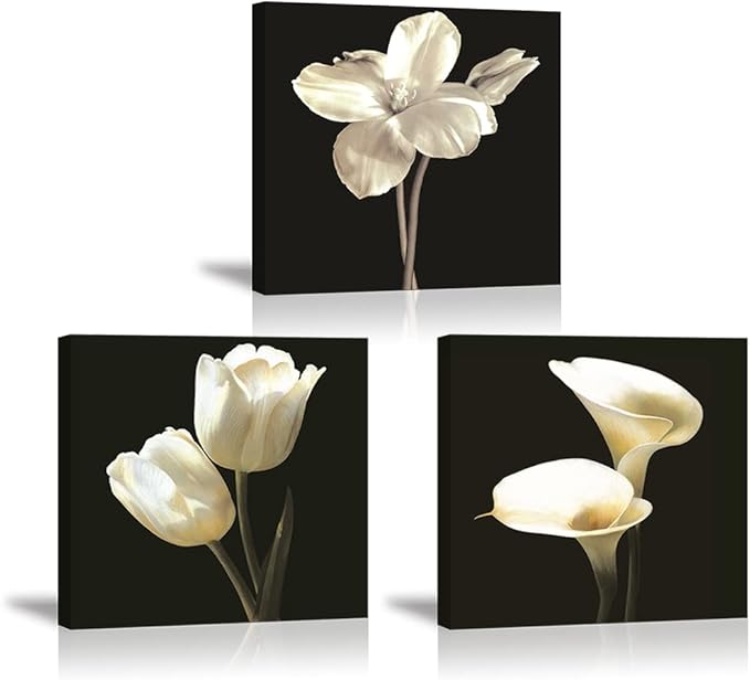 Flower Wall Decor for Bedroom, SZ Still Life Canvas Art Prints of White Tulip & Calla Lily Oil Paintings, Elegant Floral Pictures (Waterproof Artwork, 1" Thick, Bracket Mounted Ready to Hang)