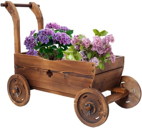 Wooden Wagon Planter Box with Wheels & Handle – Mobile Flower Cart Planter with Drainage Holes, Rustic Wooden Garden Planter for Patio, Garden, Balcony & Indoor Decor