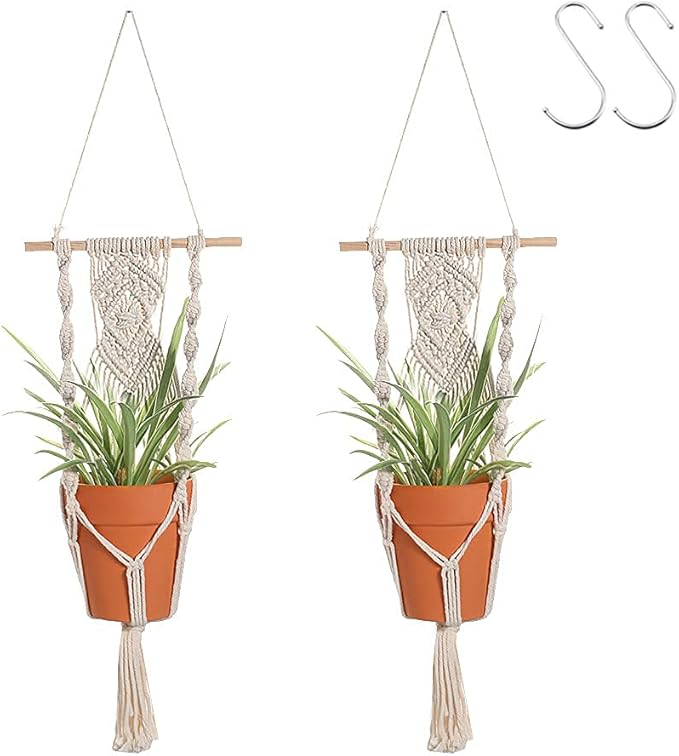 Boho Macrame Plant Hangers - Handmade Hemp Rope Hanging Baskets for Plants with Ceiling Hooks, Bohemian Home Decor