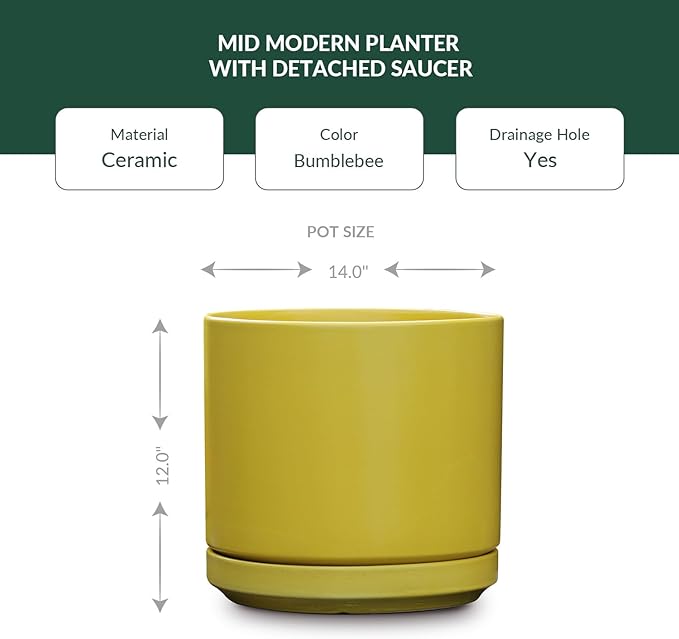 PLANTATOREM Ceramic 14 Inch Mid Modern Planter Pot with Drainage Hole and Saucer, Indoor Cylinder Round Flower Pot, Perfect for Planting Succulents, Herbs, Flowers, House Plants, Bumblebee