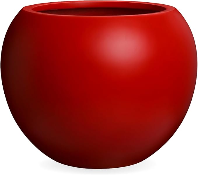 9.7" H x 12" D Globo Fiberstone Round Planter with Drainage Hole, Smooth Finishes, Weather Resistant for Indoor and Outdoor Use, Included 2 Extra Coco Mats (Red, 7.8" Pot Opening)