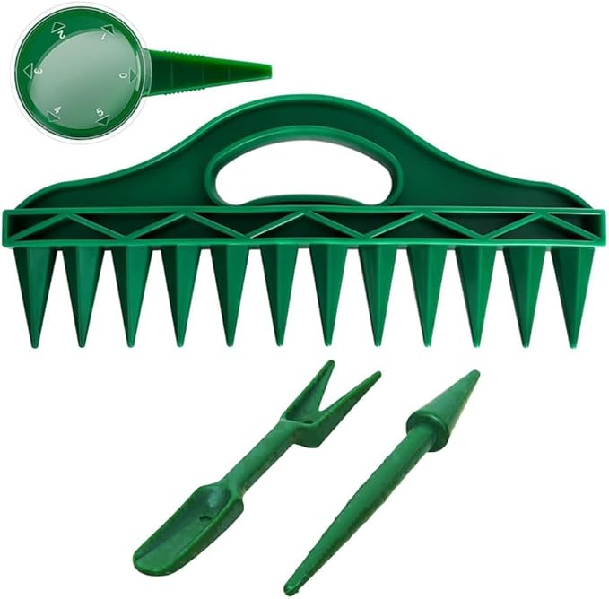 12-Hole Seed Planter Tool Kit – Adjustable 5-Speed Handheld Seed Spreader, Soil Punch & Spacer for Planting Small Seeds, ABS Gardening Tools (4-Piece Set: Digger, Rake, Planter, Transplanter)
