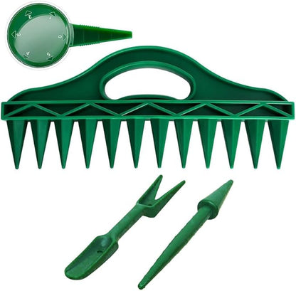 12-Hole Seed Planter Tool Kit – Adjustable 5-Speed Handheld Seed Spreader, Soil Punch & Spacer for Planting Small Seeds, ABS Gardening Tools (4-Piece Set: Digger, Rake, Planter, Transplanter)