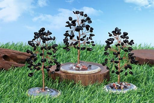 YATOJUZI Black Obsidian Crystal Trees Natural Crystals Stones Gemstones Tree Copper Wire Agate Base Tree of Life Feng Shui Decor Reiki Energy Lucky for Room Desk Home Decors Gifts for Women Men