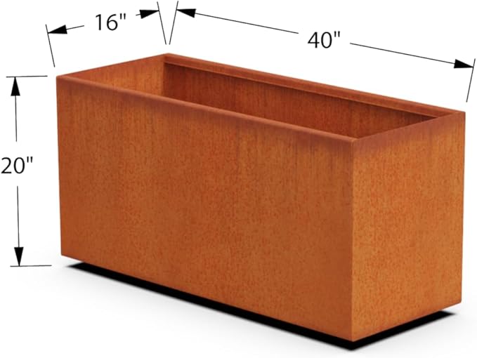 Plantercraft Corten Steel Planter Rectangle Rustic Metal Garden Box, 40" Length 16" Width 20" Height, Heavy Duty | Made in USA | Fully Assembled | Commercial Residential | with Drain Holes