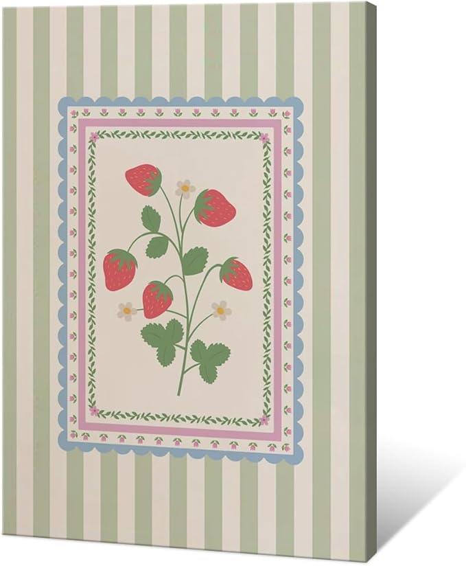 Vintage Green Striped Strawberry Canvas Prints Painting Trendy Botanical Flowers Posters Cute Fruit Cottagecore Wall Art Farmhouse Boho Aesthetic Pictures Decor for Kitchen Bedroom 24x36inch Framed