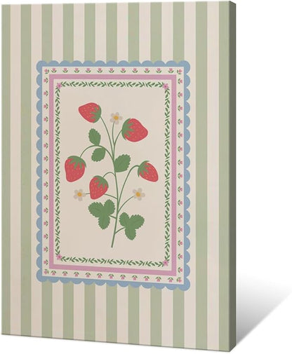 Vintage Green Striped Strawberry Canvas Prints Painting Trendy Botanical Flowers Posters Cute Fruit Cottagecore Wall Art Farmhouse Boho Aesthetic Pictures Decor for Kitchen Bedroom 24x36inch Framed