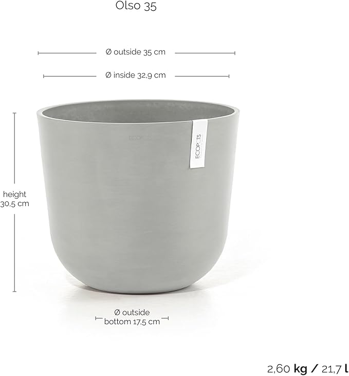 Ecopots Oslo Durable Modern Round Indoor/Outdoor Recycled-Based Composite Flower Pot Planter, White Grey, 14"
