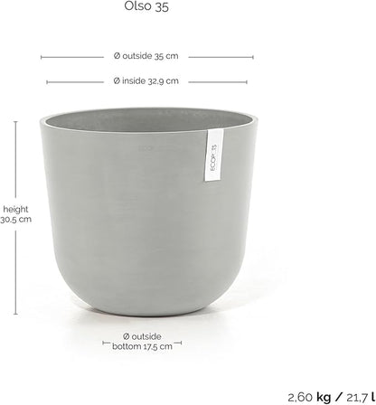 Ecopots Oslo Durable Modern Round Indoor/Outdoor Recycled-Based Composite Flower Pot Planter, White Grey, 14"