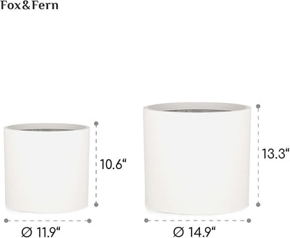 Fox & Fern 12" & 14.6" Large Planters (Set of 2) — Premium Lightweight Fiberstone Matte White Plant Pots with Drainage Plug; Extra Large Planters for Indoor & Outdoor; Weather Resistant & UV Resistant