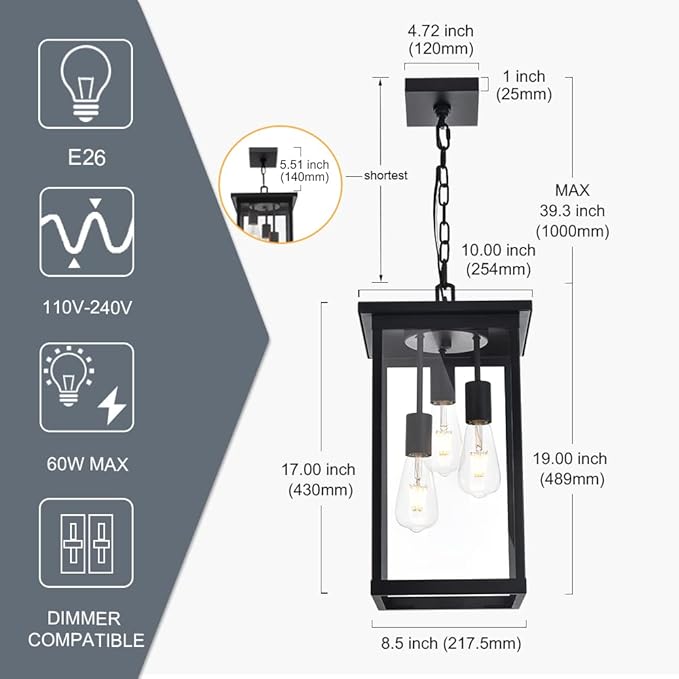 TODOLUZ 3-Light Black Outdoor Pendant Light Fixture, Adjustable Exterior Hanging Lantern Porch Light