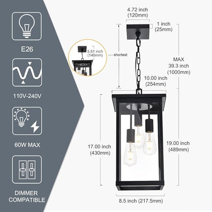 TODOLUZ 3-Light Black Outdoor Pendant Light Fixture, Adjustable Exterior Hanging Lantern Porch Light