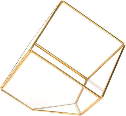 Gold Geometric Shape Succulents Plant Flowerpot, Glass Planter with Copper Bar, Modern Home Table Decoration for Succulents Ferns Cacti, Transparent Glass Container for Garden Offi